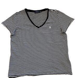 Polo Ralph Lauren T Shirt Womens Large Black White Striped V Neck Short Sleeve